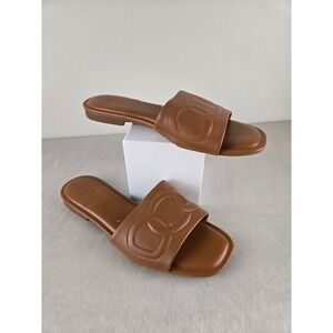 NORDSTROM‎ RACK Women's Tan Embossed Logo Slip On Slide Sandals Size 9